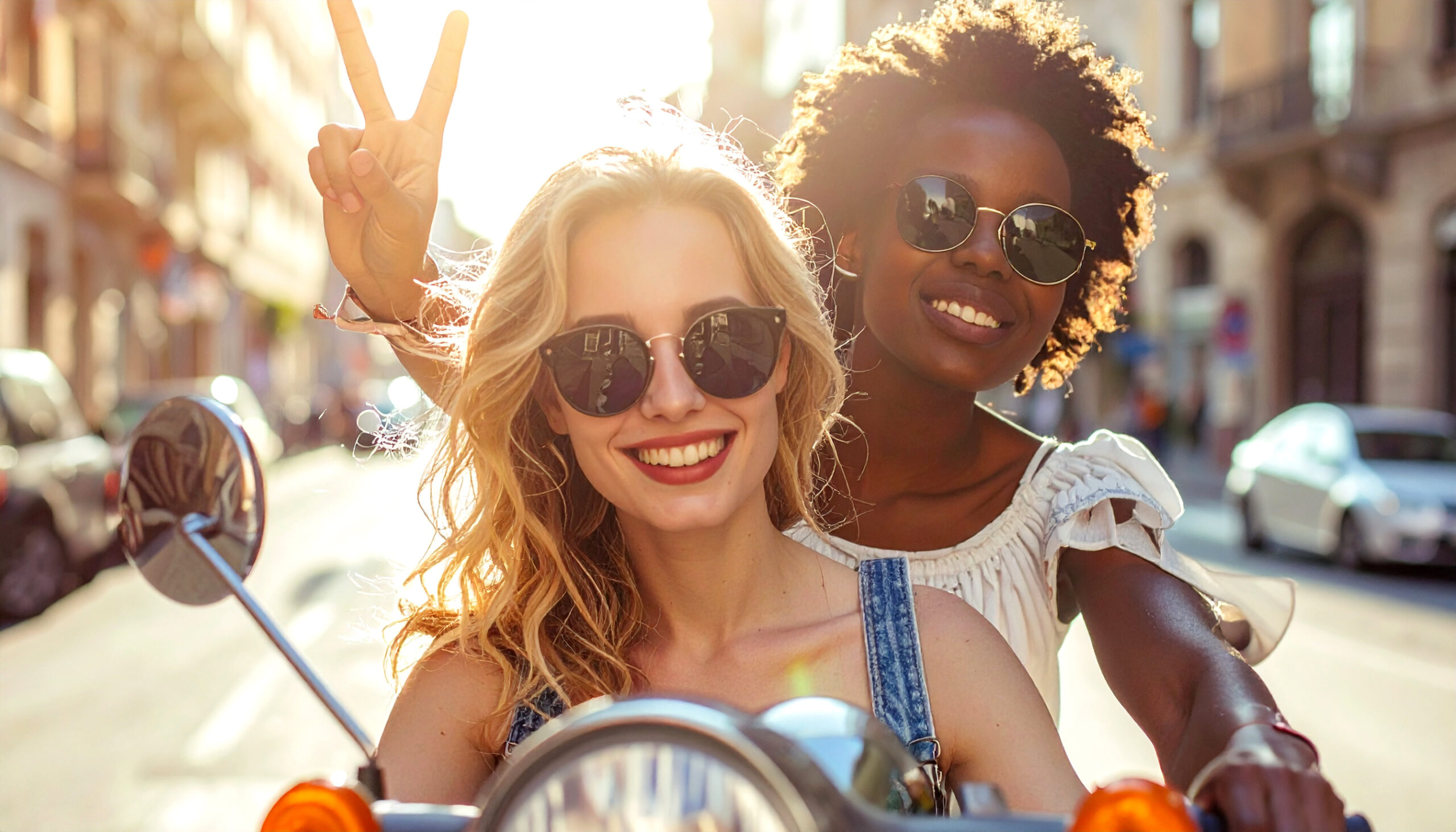 X Firefly_2 coole junge Frauen, eine kaukasische und eine farbige, mit Sonnenbrillen auf einem Moped in einer Stadt, die 675406 Kopie